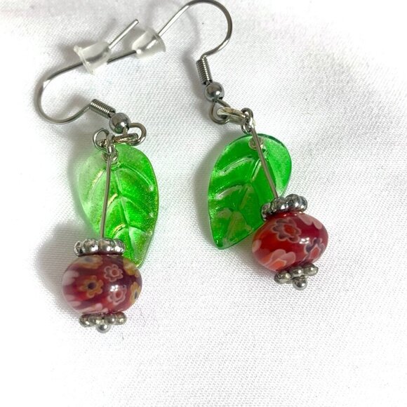 REIMAGINED Cherry Glass Bead Drop Dangle Hook Earrings - Picture 1 of 6